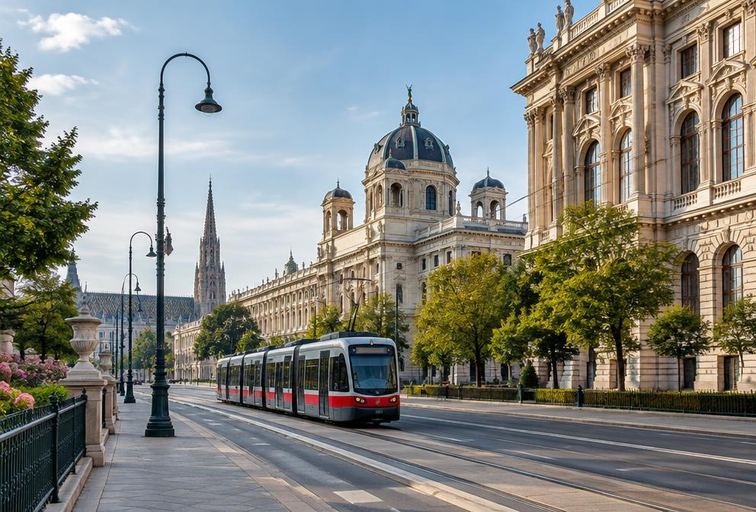 Vienna tram beside historic architecture in Austria