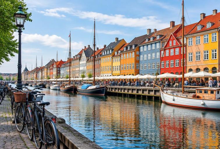 Nyhavn waterfront and bicycles in Copenhagen, Denmark