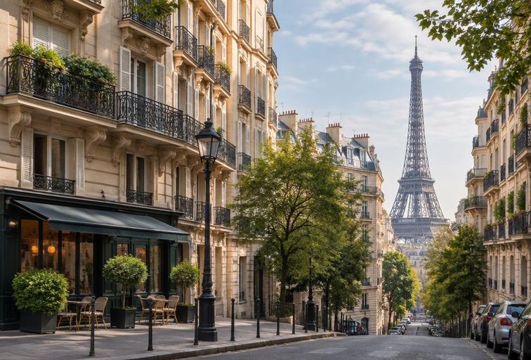 Paris street and Eiffel Tower in France