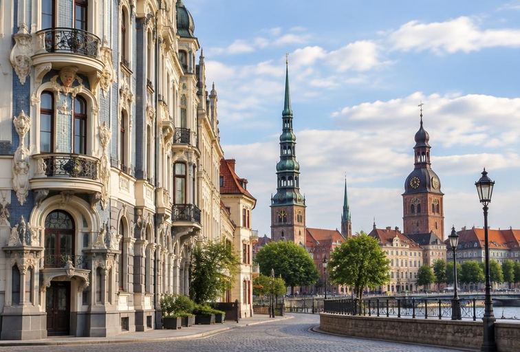 Art Nouveau architecture and old-city spires in Riga, Latvia