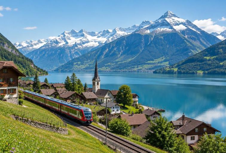 Alpine lake, village and train in Switzerland